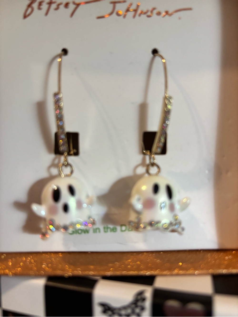 Betsey Johnson Iridescent White Ghost Drop Earrings with Crystal Hooks